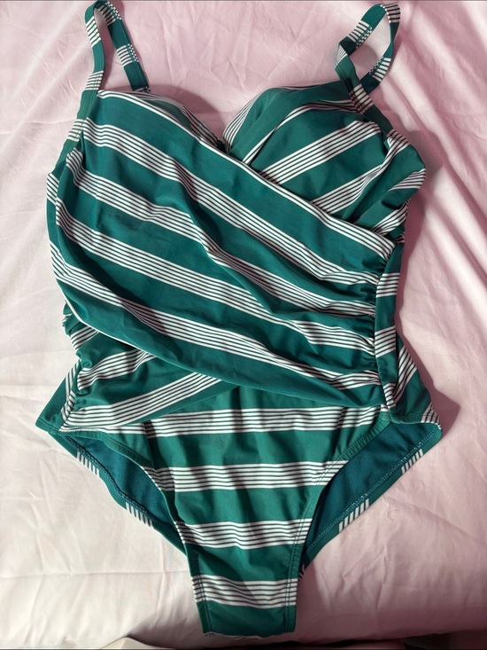 Terra & Sky Other - Terra & Sky Teal and White Striped One-Piece Swimdress